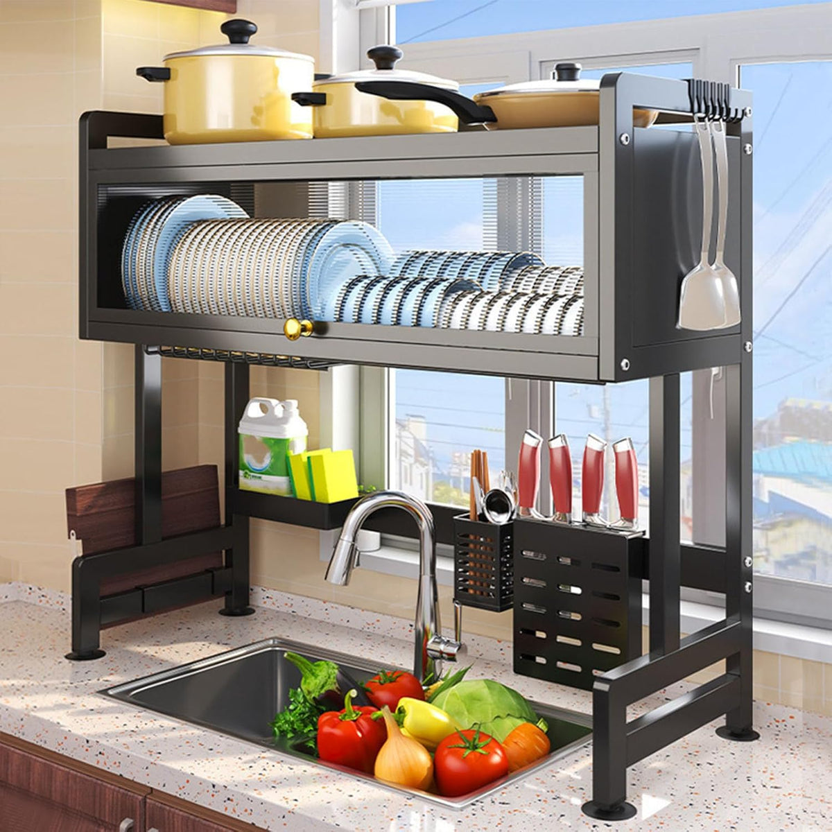 Kitchen Sink Dish Rack, Dust Proof Lid With Multi Organizer